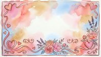 Watercolor floral frame with heart decorations, pink roses and lavender flowers on soft pastel background, isolated design element for greeting cards and invitations.