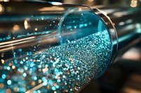 Glowing turquoise particles floating in glass tube with blurred bokeh effect create magical scientific atmosphere, suitable for technology and research concepts.
