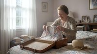 Senior woman with gray hair, Caucasian ethnicity, organizing vintage linens and textiles from wooden storage trunk in bedroom. Nostalgic home organization and memory keeping.