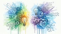 Creative innovation concept with lightbulbs, gears and circuit patterns in watercolor splash design for business presentations and technology projects.