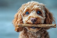 Adorable cockapoo puppy with bright blue eyes holding wooden stick in mouth against blurred blue background, close up portrait of mixed breed dog.