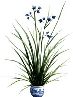 Elegant blue wildflowers in traditional porcelain vase with green leaves on white background, watercolor style botanical illustration isolated for design projects.