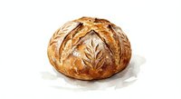 Watercolor artisan sourdough bread loaf with decorative wheat pattern scoring on golden brown crust, rustic bakery style illustration for culinary designs.