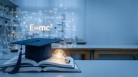 Graduation cap on open book with glowing mathematical formulas and E=mc2 equation floating above in classroom setting for academic achievement concepts.