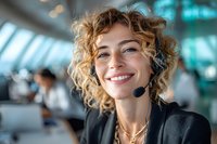Smiling young Caucasian woman with curly blonde hair wearing headset in modern office environment, representing customer service and professional communication.