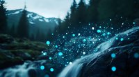 Magical glowing blue orbs of light floating over mountain waterfall at dusk, mystical forest landscape with ethereal bokeh effect and flowing water creating dreamy atmosphere.