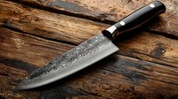 Professional Damascus steel chef knife with ornate blade pattern and black handle on rustic wooden cutting board for culinary cooking and food preparation.