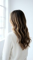 Woman with long wavy brown hair with blonde highlights wearing white sweater by bright window for hair salon and beauty styling concepts.