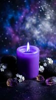 Purple candle burning with flame surrounded by amethyst crystals, lava stones and white flowers against magical bokeh background for spa relaxation meditation.