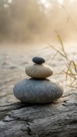 Zen stone stack balanced on driftwood with soft golden sunlight and bokeh background creating peaceful meditation atmosphere for wellness concepts.