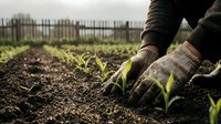Farmer hands planting young green seedlings in rich soil rows at organic farm with protective gloves for sustainable agriculture and crop cultivation.