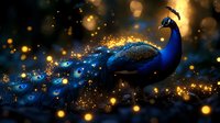 Majestic peacock with luminous plumage against dark background with magical golden bokeh lights and glowing sparkles creating ethereal atmosphere. Perfect for luxury designs.