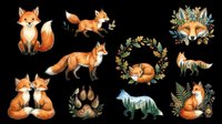 Isolated fox collection featuring multiple poses and decorative elements on transparent background, ready for t-shirt design, clipart, stickers, sublimation, print-on-demand products and digital crafts.
