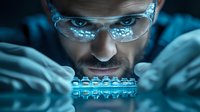 Scientist examining glowing blue DNA samples in dark laboratory setting wearing protective glasses, dramatic lighting highlights research and biotechnology focus.