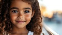 Young girl with curly dark hair and mixed ethnicity smiling at camera outdoors near water during golden hour sunset, portrait photography for family and lifestyle use.