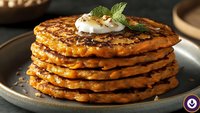 Stack of golden crispy potato pancakes topped with sour cream and fresh mint on rustic plate for breakfast or dinner meal preparation.