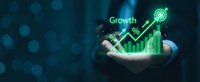 Business professional holding holographic growth chart with upward trending arrows and percentage symbols on dark blue bokeh background for presentations.