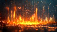 Glowing orange light beams rising from reflective surface create futuristic cityscape illusion with dramatic vertical illumination against dark background.