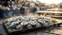 Fresh oysters on ice with lemon slices and dipping sauce on a rustic wooden board at an outdoor seafood market with warm string lights.