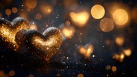 Glowing golden hearts with sparkling glitter effect on dark background, romantic bokeh lights creating magical atmosphere for Valentine's day designs.