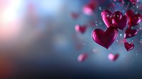 Shiny metallic pink heart shapes floating with water drops against blurred dark blue background, romantic Valentine's day concept for greeting cards and social media.