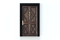 Vintage wooden door with geometric diamond pattern panels and brass hardware on white background, isolated design element for architectural projects.