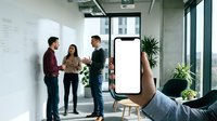 Hand holding blank smartphone screen in modern office with diverse business team meeting in background discussing project at whiteboard.