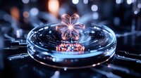 Glowing quantum computer processor with futuristic light effects and energy waves, showing advanced technology and innovation in artificial intelligence.