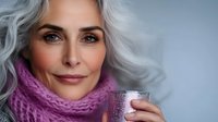 Mature Caucasian woman with silver hair wearing purple knit scarf holding warm beverage cup, cozy winter lifestyle portrait for wellness and comfort concepts.