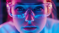 Young Caucasian woman wearing protective safety glasses illuminated by vibrant neon pink and blue lights creating futuristic cyberpunk atmosphere in dark laboratory setting.