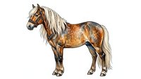 Brown and white horse with long flowing mane and tail, isolated on white background, suitable for equestrian designs, educational materials, and clipart applications.