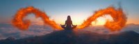 Silhouette of woman meditating on mountain peak at sunset with mystical orange smoke trails forming infinity symbol, spiritual wellness concept.