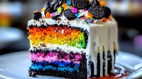 Rainbow layered cake slice with chocolate cookie crumbs, white cream frosting and colorful candy decorations on top, vibrant colors inside create festive dessert presentation.