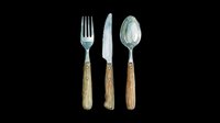 Vintage cutlery set with wooden handles isolated on transparent background, ready for t-shirt designs, clipart, stickers, print-on-demand products and sublimation projects.