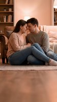 Young couple in love sitting together on living room floor sharing intimate moment in cozy home interior with warm lighting and bookshelves in background.