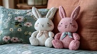 Two adorable knitted bunny rabbits sitting on cozy bed with floral pillow, perfect for nursery decor, children's room design, and Easter celebrations.