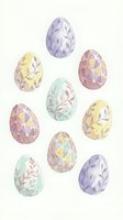 Watercolor Easter eggs with floral patterns and geometric designs in pastel colors isolated on white background for spring holiday decorations.