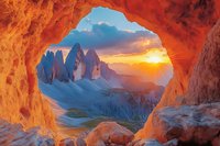 Dramatic mountain peaks viewed through natural rock arch at sunset, orange cave frame contrasting with blue mountains and golden sky, majestic alpine landscape.