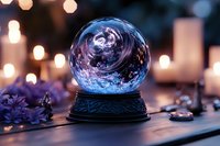 Mystical snow globe with swirling galaxy pattern on ornate base surrounded by glowing candles and purple flowers creates magical atmosphere on wooden surface.