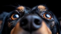 Close up macro shot of black dog eyes and nose, showing detailed view of amber colored irises and wet nose in dramatic lighting against dark background.