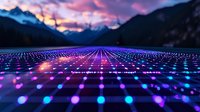Futuristic digital grid landscape with glowing neon dots stretching to mountain horizon at sunset, purple and blue light pattern creates perspective depth effect.