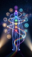 Glowing human silhouette with chakra points and sacred geometry symbols surrounded by cosmic energy ribbons against starry space background for healing concepts.