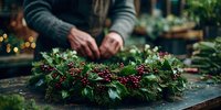 Artisan creating festive holiday wreath with pine branches, holly leaves, and red berries on rustic wooden table in cozy workshop atmosphere.