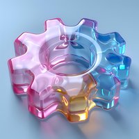 Translucent glass gear wheel in gradient colors from pink to blue with golden reflections on soft background, modern industrial design element for engineering concepts.