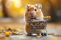 Adorable golden hamster pushing tiny shopping cart filled with seeds against autumn bokeh background, creating humorous scene of pet shopping experience.