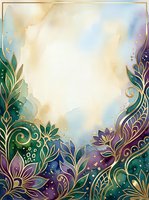 Ornamental floral border with gold accents frames watercolor background in soft cream, blue and purple tones. Decorative botanical elements with leaves and flowers create elegant frame for text or design placement.
