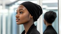 Young African American woman wearing black headscarf and top in modern office environment with blurred figure in background.
