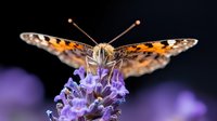 Painted Lady butterfly feeding on purple buddleja flower against dark background, macro photography shows detailed wing patterns and proboscis collecting nectar.