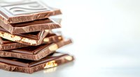 Stack of broken milk chocolate pieces with caramel layers arranged diagonally on light background, selective focus on textured surface creates appetizing dessert view.