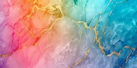 Abstract watercolor gradient background with golden marble veins flowing from pink coral to turquoise blue creating artistic texture for modern design projects.